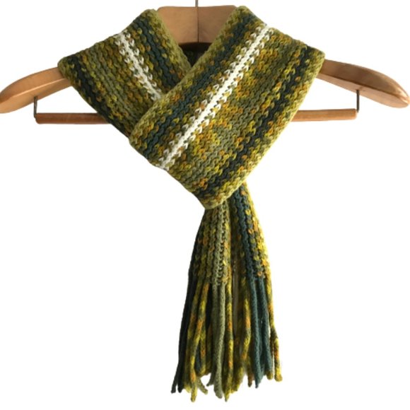 Green Orange White Knitted Fringe Striped Scarf - Picture 1 of 6